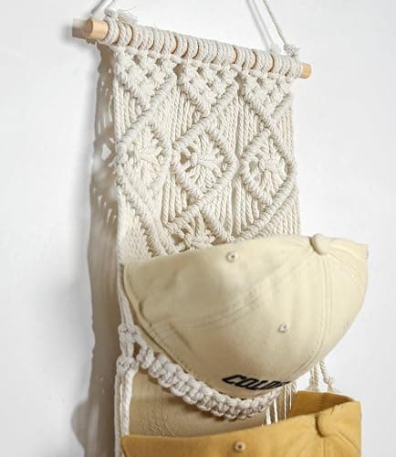 Clysuply Boho Baseball Cap Hanger-1 Pack-Macrame Hat Organizer for Ball Caps Holder Over Door, Hat Rack for Wall, Cap Rack for Decoration and Display, Boho Handmade Cap Display 7 caps （cream thumbnail 7