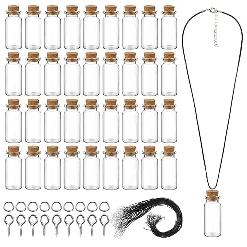 Sawysine 50 Pcs 10 ml Mini Glass Bottles with Cork, Tiny Wishing Bottles with 50 Pcs Black Waxed Cord,100 Pcs Eye Screws and 100 Pcs Clasp Rings,for DIY Crafts Container Necklace Jars - Image 1