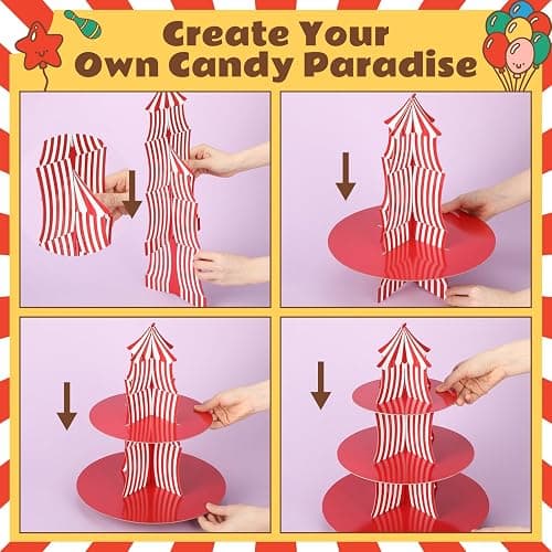 Vesici Set of 4 Carnival Theme Ferris Wheel Centerpieces and Cupcake Stands 3 Tier Cardboard Cupcake Holder for Dessert Displays Birthday Party Decorations thumbnail 4