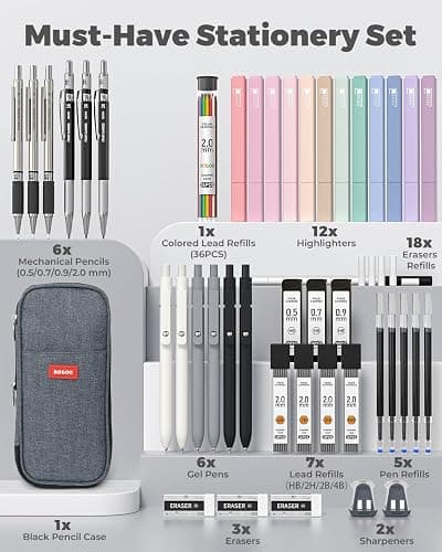 Four Candies 45PCS Stationery Supplies Set, Pencil Case with 6 Gel Pens, 6 Mechanical Pencils, 12 Highlighters, School Essentials (Black) thumbnail 2