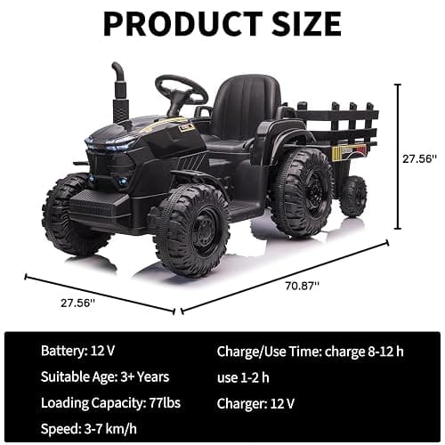 Kids Electric Ride On Tractor, 12v Battery-Powered 4 Wheels Ride On Car with Trailer, 35W Dual Motors/3-Gear-Shift/LED Lights/USB for Toddlers 3-6 Boys/Girls thumbnail 3