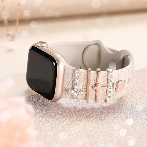 DaQin Flower Engraved Band Compatible with Apple Watch Bands for Women 40mm 38mm 41mm 42mm, Soft Silicone Strap With Dressy Decorative Apple Watch Charms for iWatch Series 11 10 9 8 7 6 5 4 3 2 1 SE thumbnail 8