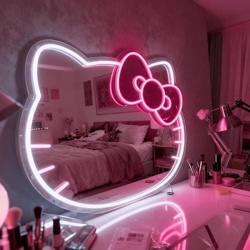 THIIXDAI Hello Kit Mirror with Light Neon Signs for Room Decor, USB Powered Cute Cat LED Lights, Teen Girl Best Gift, Makeup Mirror Neon Sign Wall Decor 16.1 * 13.97inch thumbnail 4