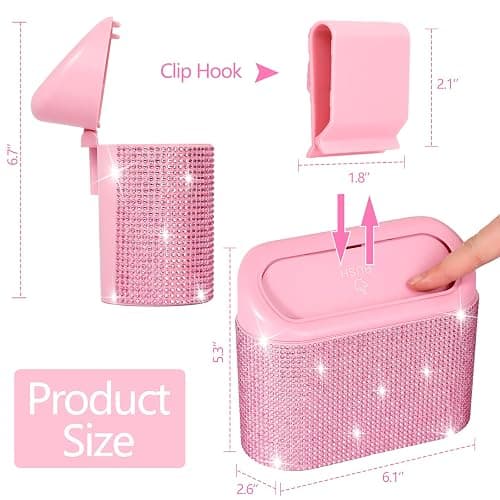 NBTEPEM Bling Pink Car Trash Can with Lid - 2 Pack, Mini Auto Garbage Can with 60 Trash Bags, Automotive Garbage Container Bin, Bling Car Accessories Trash Can for Women (Pink Diamond) thumbnail 2