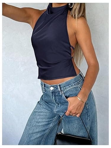 SOLY HUX Women's Satin Halter Backless Crop Top Sexy Sleeveless Tank Shirts Festival Party Clubwear thumbnail 2