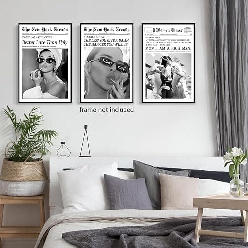 Yuaruo Set of 3 Trendy Newspaper Canvas Wall Art, Funky Better Late Than Ugly Wall Art Print, Vintage Black and White Room Aesthetic Posters, Hot Girl College Dorm Wall Decor 24x36in Unframed thumbnail 4