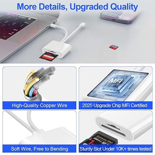 Denlane SD Card Reader for iPhone iPad, USB C & Lightning Dual Interface Memory Card Reader, Digital Camera Adapter to iPhone/MacBook/USBC Laptop for SD/TF/Sim Card, Plug & Play, Camera Accessories thumbnail 7