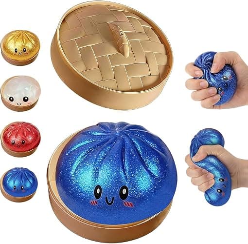 Glitter Dumpling Squishy Box, Dumpling Squishies, Sensory Squeeze Toy for Stress Relief, Soft Decompression Dough for Adults Office and Home Use (Blue Emoji bun) - Image 1