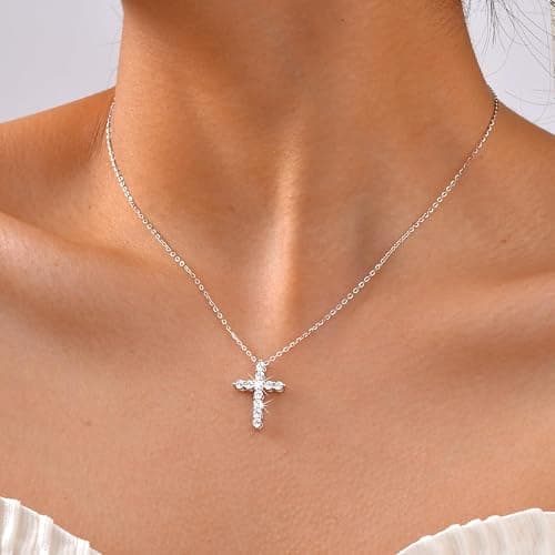 Cross Necklaces for Women 925 Sterling Silver 18K Gold Plated Cubic Zirconia Cross Pendant Necklace Simple Jesus Cross Necklace Cute Simulated Diamond Jewelry Religious Minimalist Gift thumbnail 2