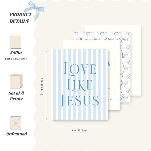 LARTSFRO Coquette Blue Bow Jesus Wall Art Decor Posters, Light Blue Bow Christian Room Bathroom Bedroom Dorm Wall Art Decor Aesthetic for College Teen Girls Gifts, Inspirational Bible Verses Bow Wall Decor, 10x8 Inch Set of 4 Bow Pictures(UNFRAMED) thumbnail 2