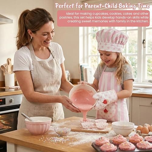 Kid Apron and Chef Hat Set, 3 Pcs Children Cooking Baking Set Kits Role Play Chef Toy Kid Cooking Gift for Girls Boys (Pink) thumbnail 2