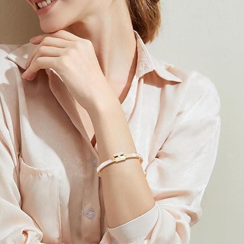Hothink Gold Bracelets for Women, H Bangle Bracelet, Dainty 18K Gold Plated Stainless Steel Enamel Bracelet for Everyday, Work, Party, Stackable Gift for Mom, Wife, Girlfriend thumbnail 2