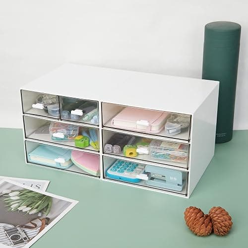 Desk Organizer with 4 Drawers, Clear Plastic Desk Storage Box, Desktop Organization for Office Supplies, Gel Pens, Pencils, Markers, Tape, Erasers, Paperclips, Chargers (White-4 Draws) thumbnail 2