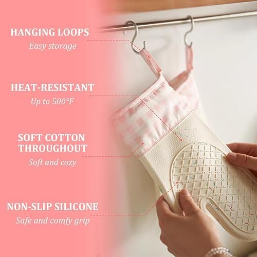 Wanheart Heat Resistant Silicone Oven Mitts, Pink Cooking Gloves, 2 Pack | Heat Resistant, Non Slip Grip, Cute Pink Design, Easy Clean, Cotton Lined thumbnail 4