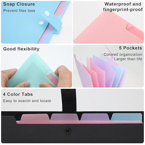 NAFY Colorful Expanding File Folder, 5 Pockets Folder with Colored Labels Portable Weave Pattern Accordion File Folder A4 Letter Size Project Organizer Document Folder for Office School (Green) thumbnail 4