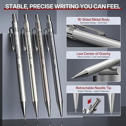 WUO 0.7mm Metal Mechanical Pencil Set, 4-Pack with Eraser Pen and Case | 480 HB Lead Refills, 3 Erasers + 10 Eraser Refills, Medium Point, for Writing, Drawing, Drafting, Sketching thumbnail 3