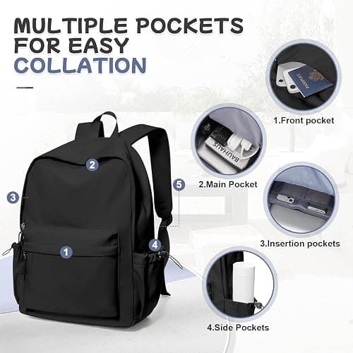 Black School Backpack for Girls Women Waterproof High School Book Bag Cute Backpack for Men Teens Boys, Lightweight Simple Middle School Back Pack Daypack thumbnail 4
