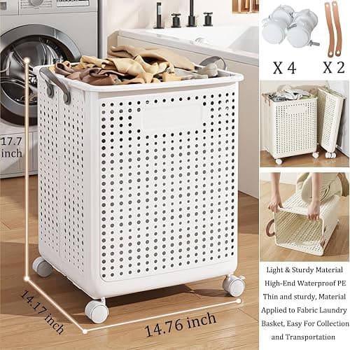 WESAPPINC Collapsible Extra Large Laundry Hamper, Plastic Laundry Basket with Wheels,Suitable for Bathroom, Bedroom, Dorm Room & Laundry Room,Basket with Handle (Cream color) thumbnail 3