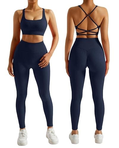 RXRXCOCO Ribbed Workout Sets for Women 2 Piece Backless Strappy Sports Bra Seamless Leggings Matching Set Yoga Outfits - Image 1