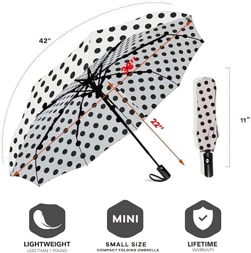 SIEPASA Windproof Travel Compact Umbrella-Automatic Umbrellas for Rain- Small Portable Windproof Umbrellas for Men Women Teenage. (White Polka Dots) thumbnail 3