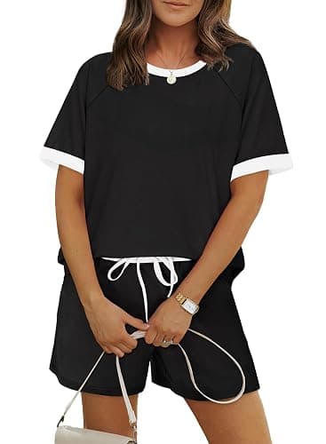 WIHOLL Two Piece Short Sets for Women Casual Summer Outfits Short Sleeve Crew Neck Lounge Matching Set thumbnail 2