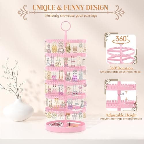 iDavosic.ly 6 Tier Rotating Earring Holder Organizer with Metal Tray, Adjustable Plastic Dangle Display Stands Tree with 342 Grooves, Large Hoop Storage Rack Tower, Pink thumbnail 6