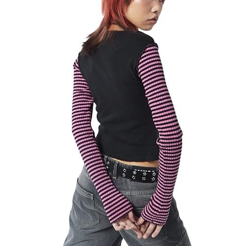 Women Vintage Star Pattern Stripes Patchwork T Shirts Long Sleeve Crew Neck Crop Top Casual Y2K 90s Streetwear thumbnail 3