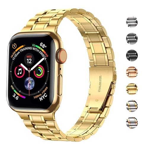 MioHHR Solid Stainless Steel Band Compatible with Apple Watch 38mm(Series 3/2/1) 40mm(Series SE/6/5/4) 41mm(Series 9/8/7) Metal Strap with Soft TPU Case for iWatch Bands for Women and Men, Gold thumbnail 2
