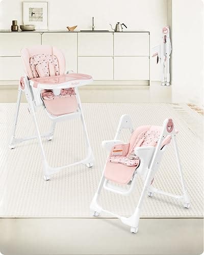 Babilous Foldable High Chair with Soft Cushion, High Chairs for Babies and Toddlers, Height Adjustable Feeding Chair, Adjustable Backrest and Footrest, Lockable Wheels, Star Pink thumbnail 8