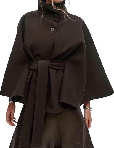 Hooever Women Batwing Sleeve Ponchos Pea Coat Wool Bland Stand Collar Jacket Winter Cropped Overcoat - Image 1