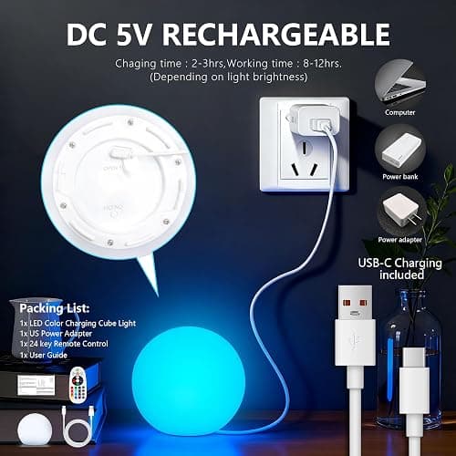 MIUWLXT 6-inch LED Light Ball,RGB Color Changing Night Light with Remote,Water Resistant,USB Rechargeable Mood Lamp for Kids Room,Bedroom,Patio,Party Decor thumbnail 9