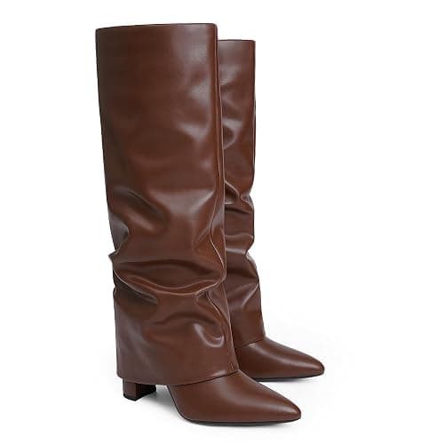 Modatope Knee High Boots Women Fold Over Knee High Boots Chunky High Heels Long Boots Zipper Pointed Toe Dress Tall Boots for Women thumbnail 3