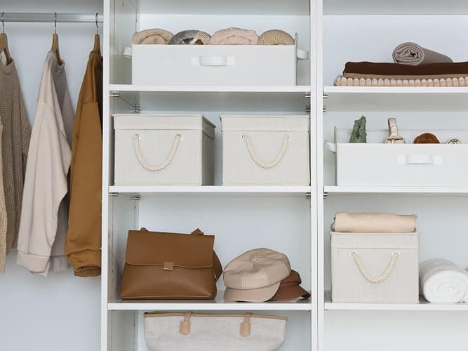 StorageWorks Storage Bins with Lids, Decorative Storage Boxes with Lid and Soft Rope Handles, Foldable Storage Baskets for Closet, Shelves, Stackable, 3-Pack, Ivory and White, Large thumbnail 5