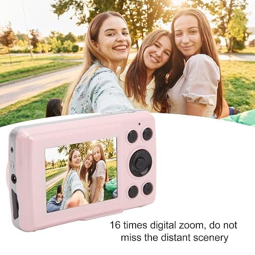 Digital Camera, FHD 1080P 16MP Portable Camera with 2.4 In Screen, 16X Digital Zoom, Auto Focus Stabilization Vlogging Camera for Kids Student Children Teens Girl Boy (Pink) thumbnail 2