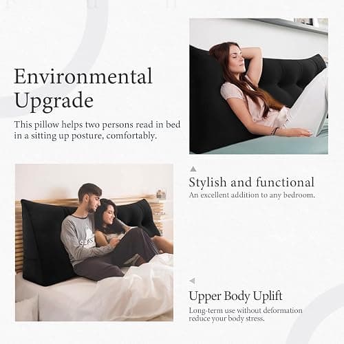 BNCKTRD Headboard Pillow Twin for Dorm - Velvet Bed Wedge Headboard Reading Pillow for Sitting in Bed, Positioning Support Backrest Pillow with Removable Cover & Side Pockets, Black thumbnail 5