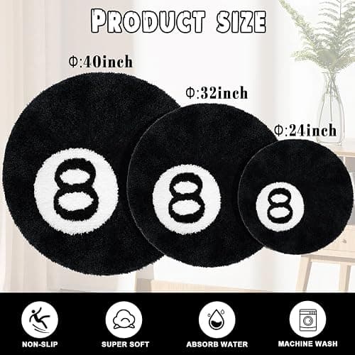 GIOTUK 8 Ball Round Rug 60/80/100CM Soft Flocking Carpet Non-Slip Absorbent Decorative Mat Machine Washable Pool Billiards Theme Carpet for Living Room Bedroom Bathroom Floor Decor thumbnail 2