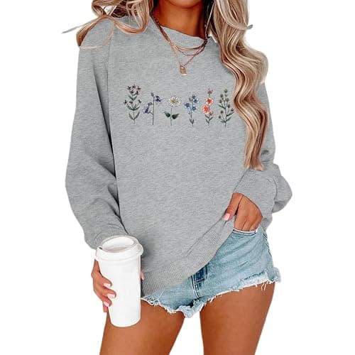 Lytiarul Flower Graphic Sweatshirt for Women Floral Printed Vintage Long Sleeves Shirt Crewneck Hoodie Loose Pullovers Tops - Image 1