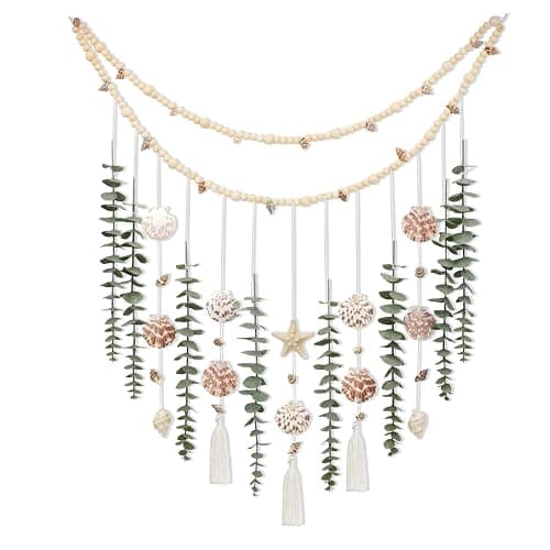 Artificial Eucalyptus Wall Decor with Seashell Coastal Decor Natural Home Decorations Hanging Wooden Bead Garland for Large Bedroom Bathroom Living Room, 32 x 32 Inch - Image 1