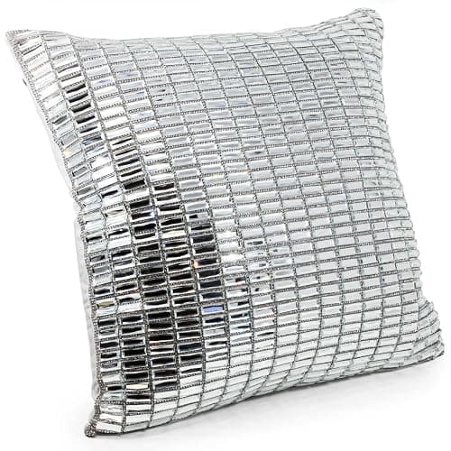 Fifth Avenue Pillow, Velvet Backing, Glass Stones, Dramatic, Feather Insert, for Sophisticated Luxury Home Decor, Silver, 16", Sold Individually thumbnail 4
