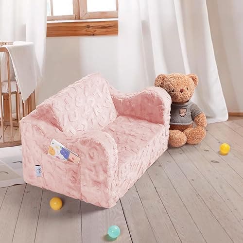 KokoSelene Toddler Chair,  2-in-1 Soft Toddler Couch Fold Out, Convertible Kid Sofa to Lounger, Comfy Kids Couch for Girls and Boys (Pink) - Pink thumbnail 2