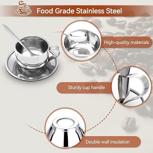 Stainless Steel Coffee Cup Set - 125ML Espresso Cups with Saucer and Spoon for Coffee and Tea Lovers thumbnail 5