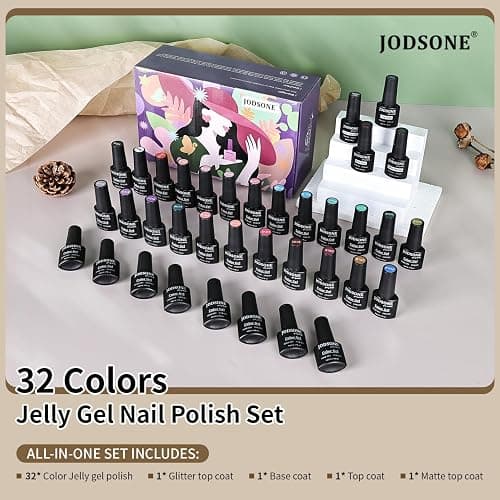 JODSONE Jelly Gel Nail Polish Kit 32 Classic Colors Crystal Transparent High Shine Base & Top Matte Glitter Coat thumbnail 6