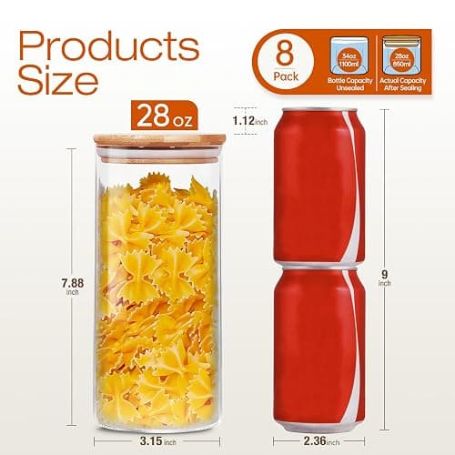 HomArtist Glass Jars with Bamboo Lids 28 floz [Set of 8], Glass Canisters with Airtight Lids, Glass Food Storage Containers for Pasta, Oats, Coffee, Flour, Sugar, Rice, Best for Kitchen & Pantry thumbnail 3