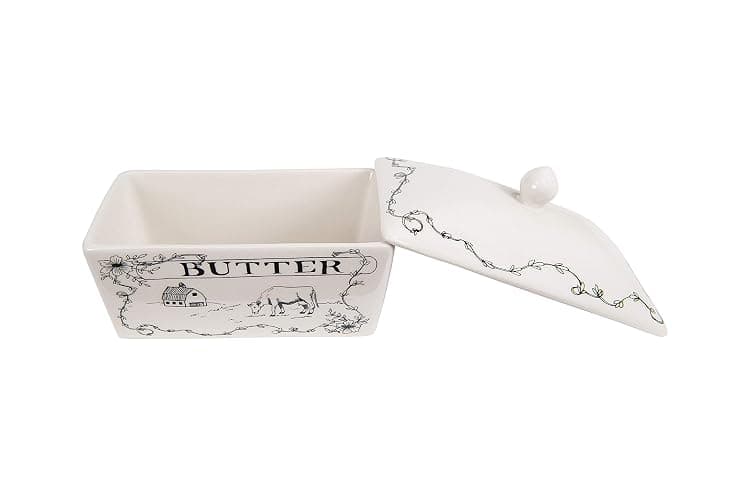 Creative Co-Op Country Stoneware Butter Dish with Lid, "Spread the Love" Message, and Farm Line Drawing, White and Black, Food, Microwave, and Dishwasher Safe thumbnail 4