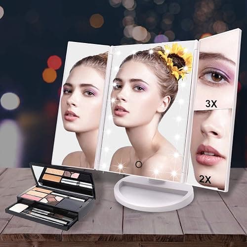 WEILY Makeup Mirror with 21 LED Lights,Two Power Supply Modes, Adjustable Touch Screen and 1x/2x/3x Magnification Tri-Fold Vanity Mirror,Chargeable Travel Cosmetic Mirror for Desktop(White) thumbnail 2