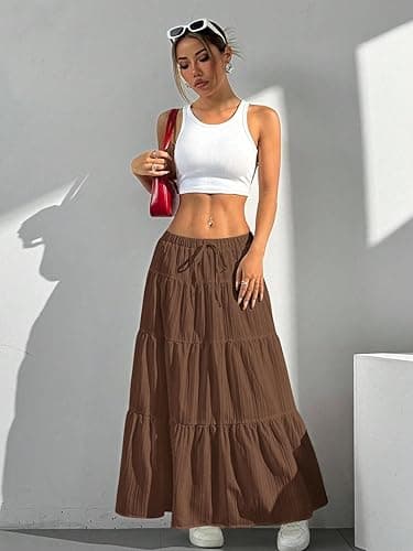 Xuani Maxi Skirts for Women Ruffle Hem A Line Long Skirts Elastic Waist Elegant Tiered Layer Boho Long Dress thumbnail 4