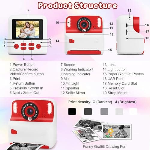 Amzelas Kids Instant Print Camera, Portable Toys Camera for Toddler, Print Black & White Photos Instantly, Ideal Birthday for Boys & Girls Ages 3–12 (White&Red) thumbnail 5
