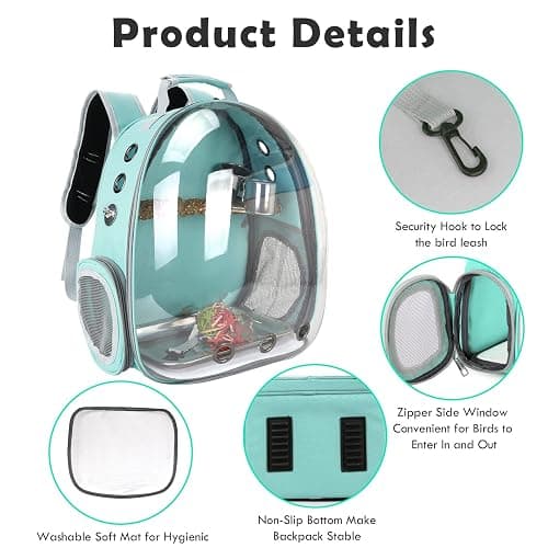 Bird Backpack Carrier with Perch, Portable Bird Travel Cage Bag, Clear Parrot Carrier Cockatiel Cage with Toy Stainless Steel Food Bowl Tray for Conures Parakeet Budgie Canary Lovebirds Small Animals thumbnail 2