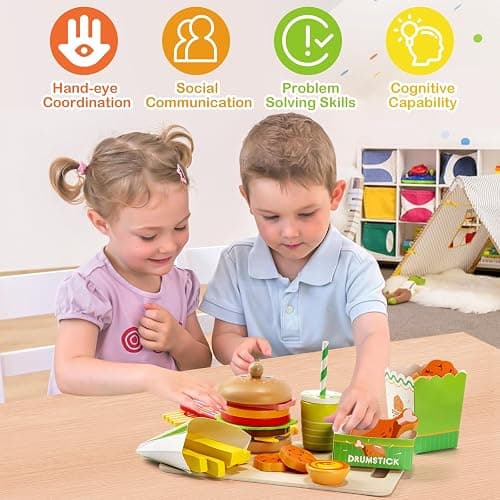 Wooden Hamburger Play Food Set for Kids, Fast Food Playset with Tray, Pretend Play Kitchen Accessories for Toddlers thumbnail 4