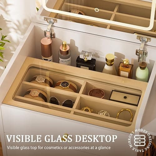 COMHOMA Makeup Vanity Desk with Mirror and Lights, Small 3 in 1 Vanity Table with Visible Glass Top, Flip Top & 3 Drawers, Compact Dressing with Storage Stool for Room or Office thumbnail 7